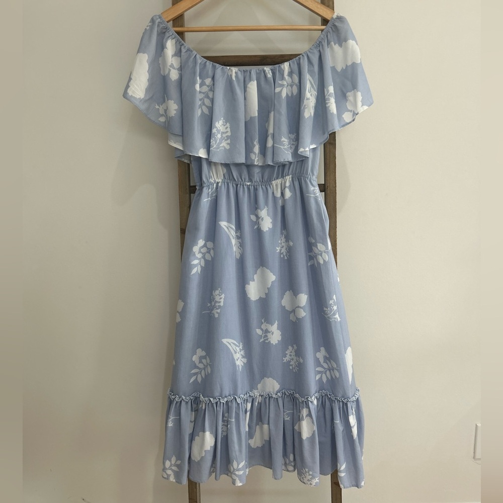Gianni Bini Trixie Blue Floral Off-Shoulder Ruffle MIDI Dress Size XS Feminine - Picture 4 of 7
